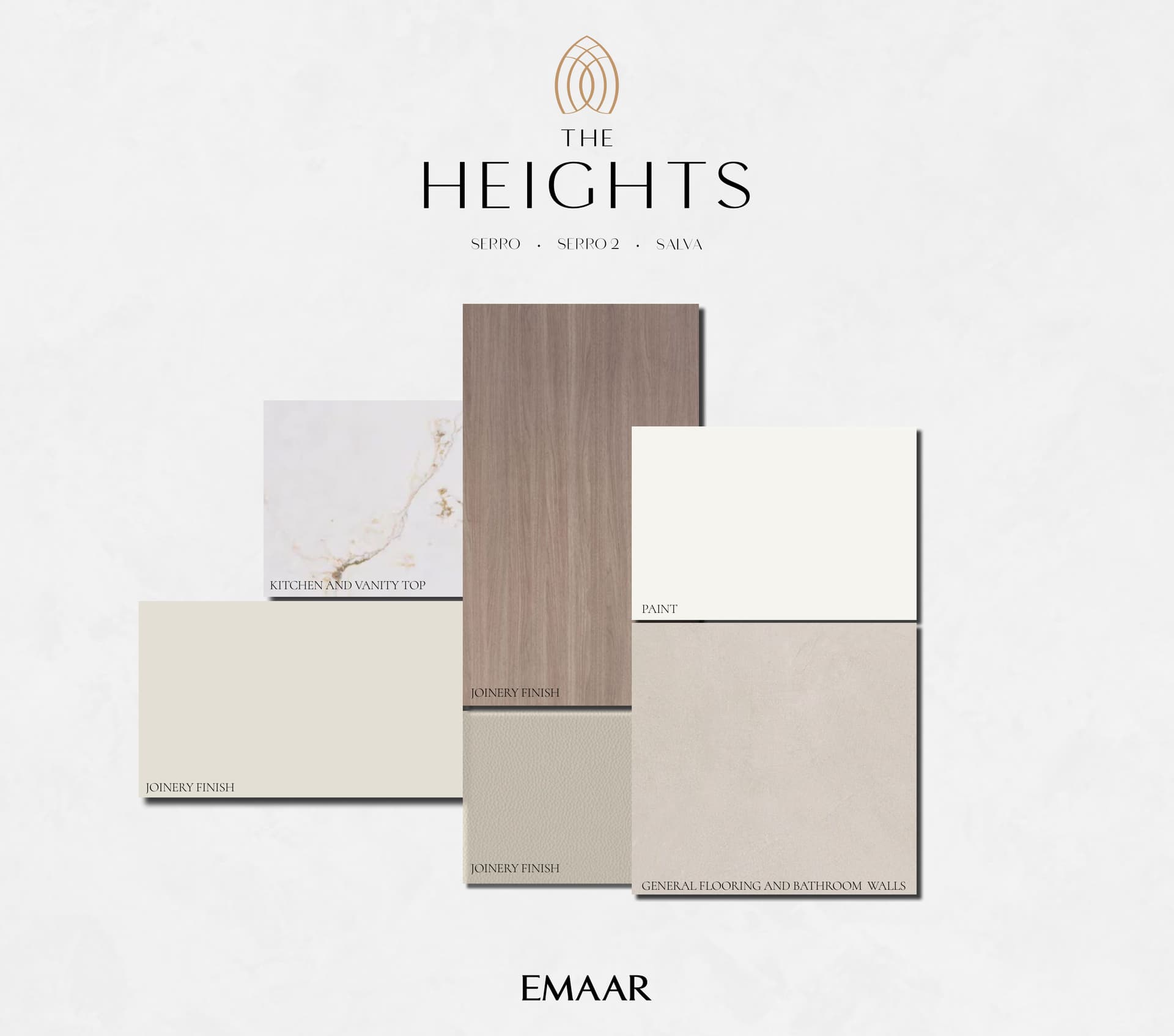 Serro villa finishing schedule showing kitchen, vanity, joinery, paint, and flooring specifications at The Heights