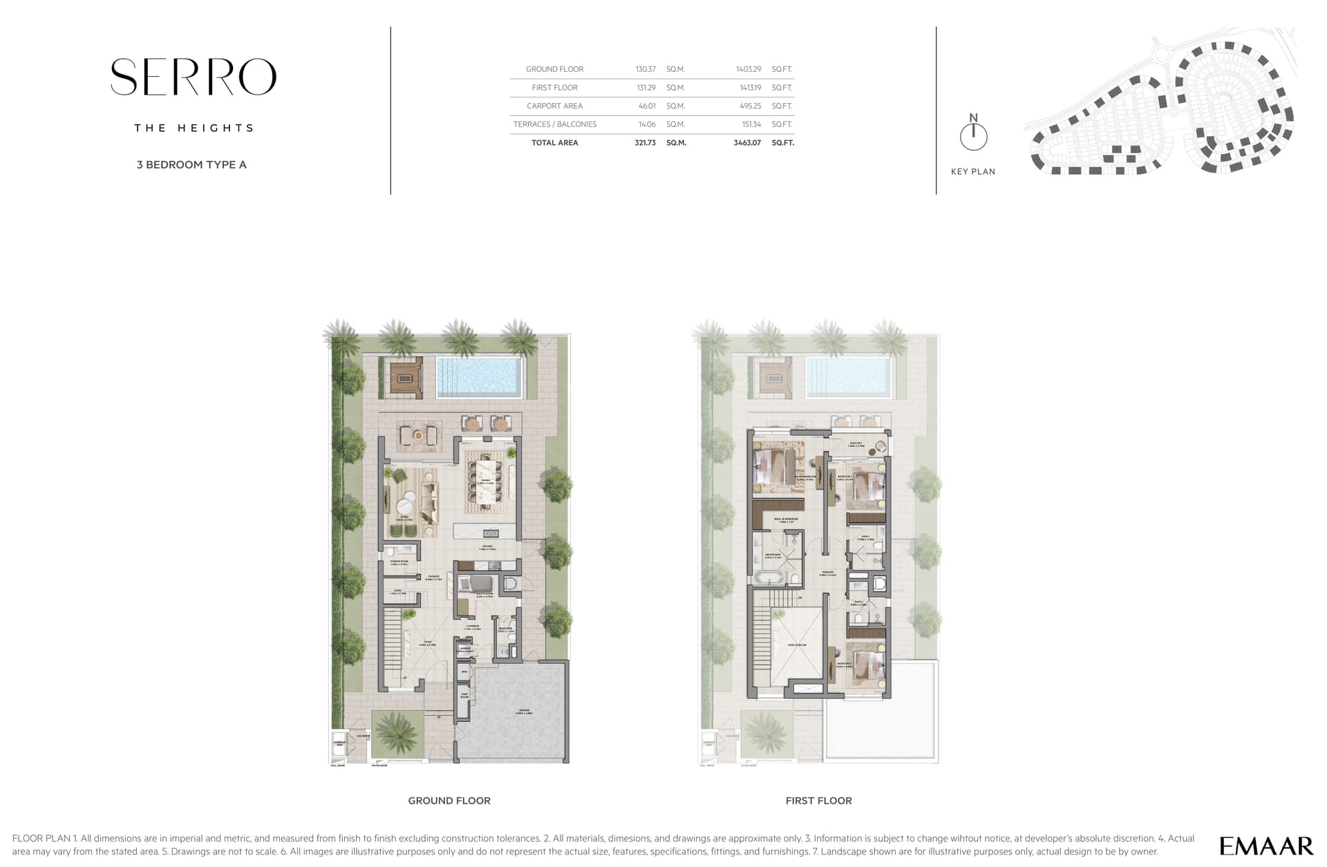 Serro 3-bedroom Type A villa floor plan with ground and first floor areas at The Heights