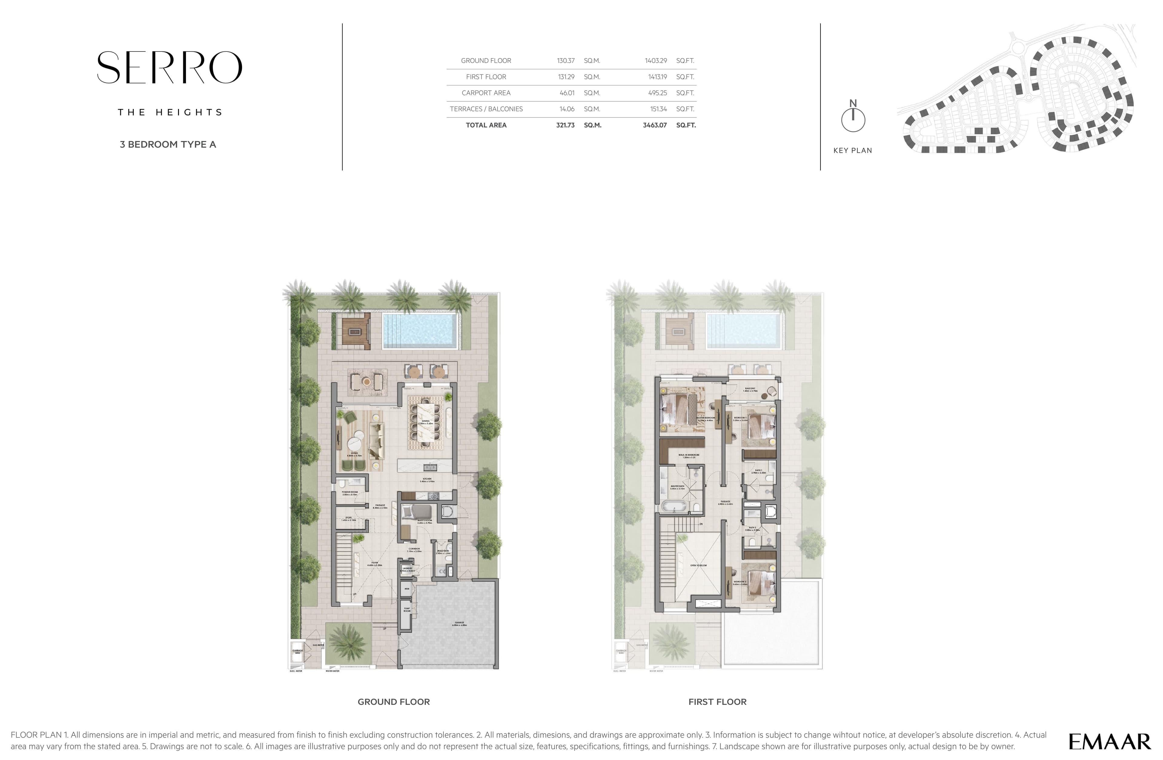 Serro 3-bedroom Type A villa floor plan with ground and first floor areas at The Heights