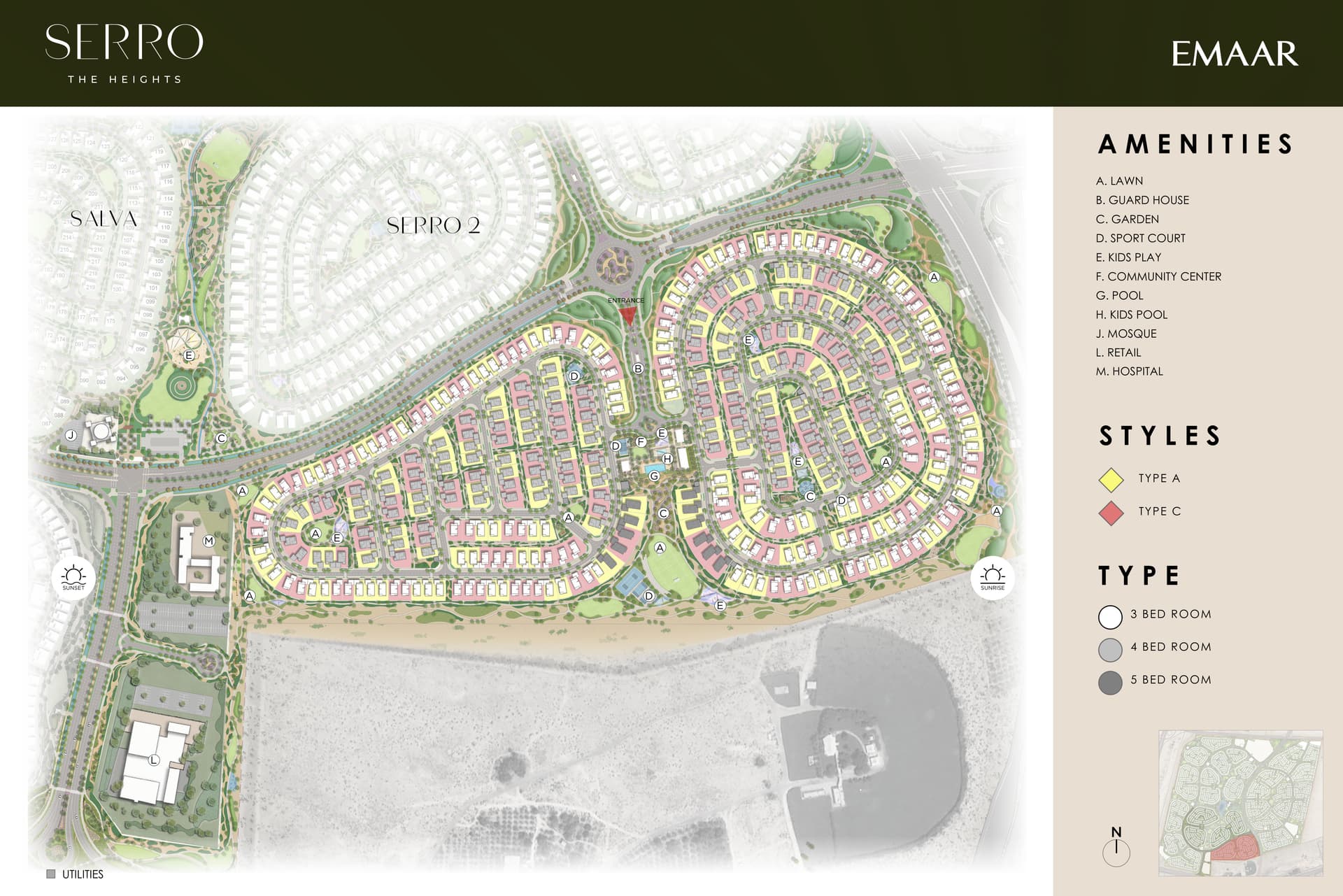 Serro masterplan site plan showing villa clusters, amenities, and layout within The Heights Country Club and Wellness