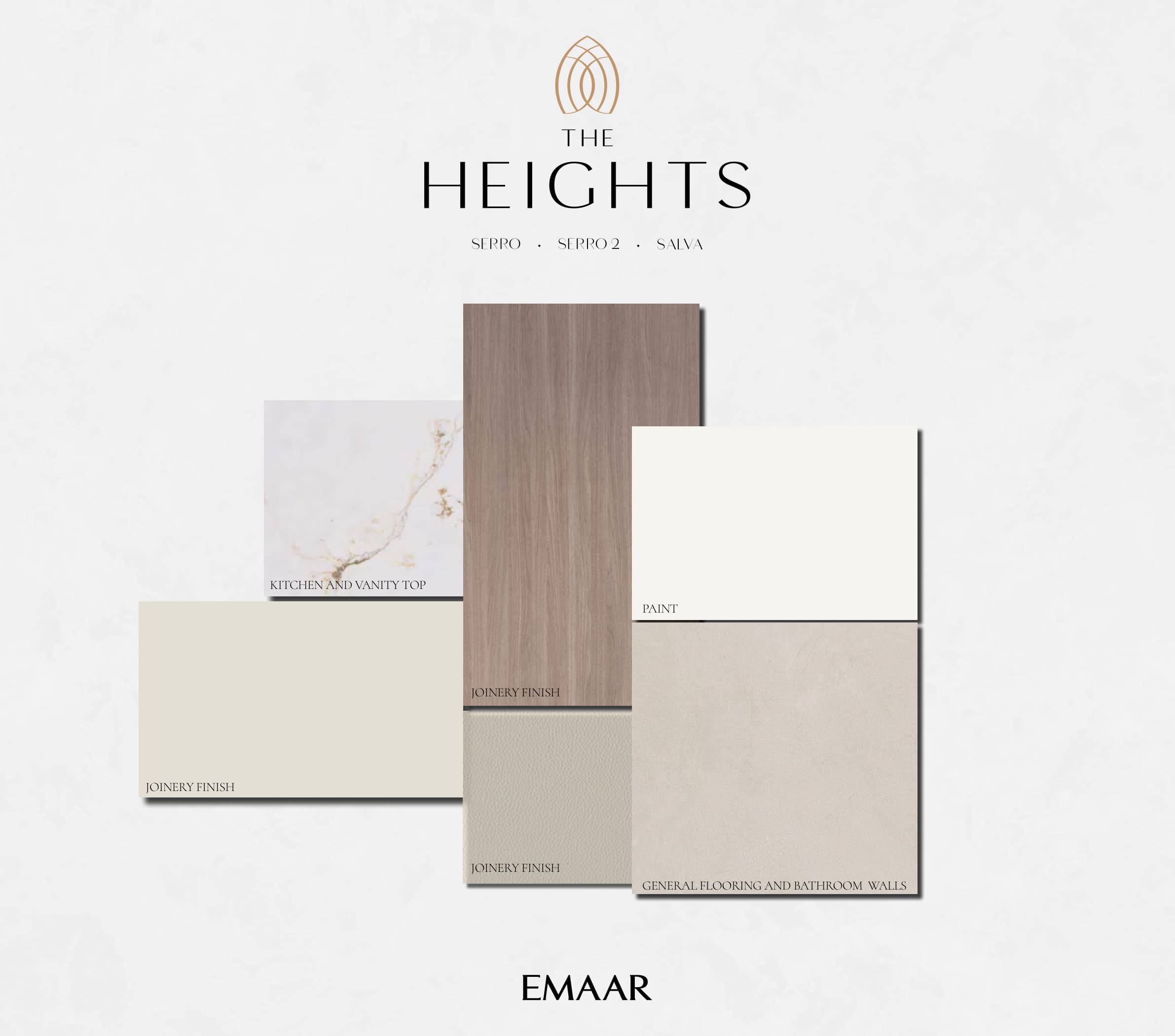 Serro 2 villa finishing schedule showing kitchen, vanity, joinery, paint, and flooring specifications at The Heights