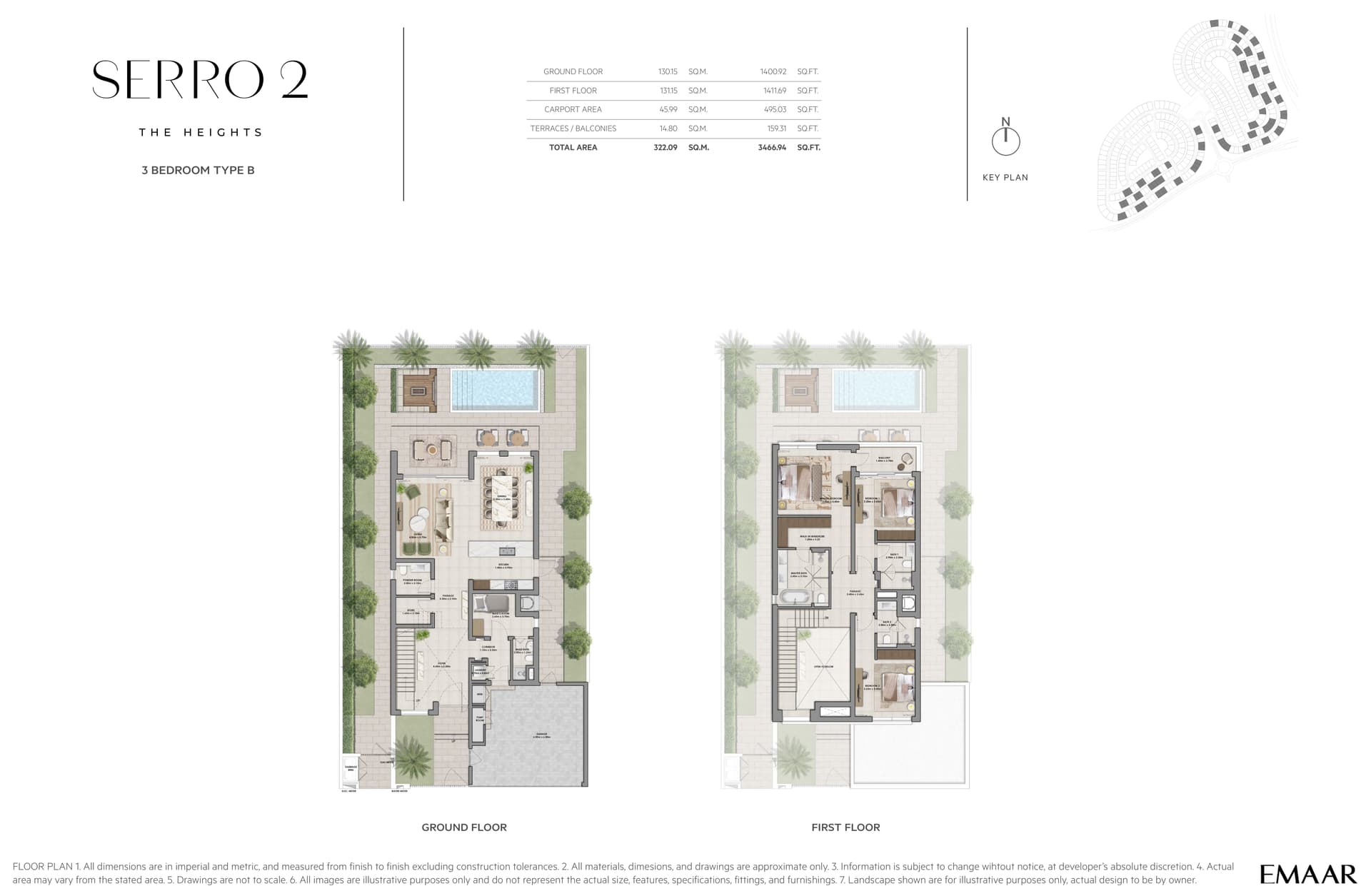 Serro 2 3-bedroom Type B villa floor plan with ground and first floor areas at The Heights