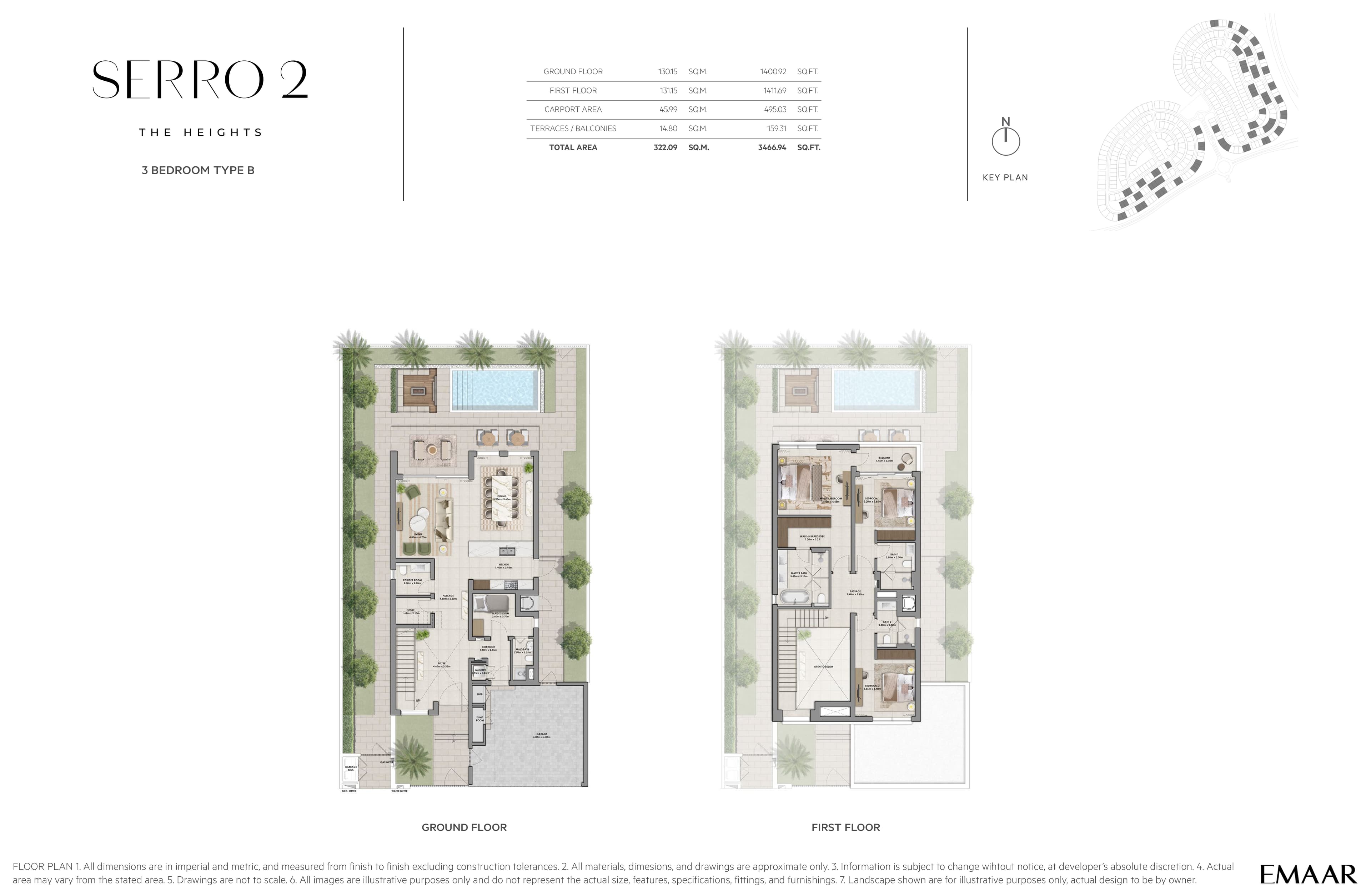 Serro 2 3-bedroom Type B villa floor plan with ground and first floor areas at The Heights